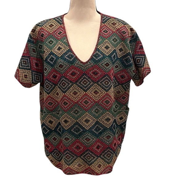 Dries Van Noten Metallic Short Sleeve Top Sweater V-Neck Medium Green Blue Pink - Picture 6 of 8